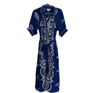 Umgee Midi Dress Small Blue NWT Medallion Print Boho Button Down Tie Waist
